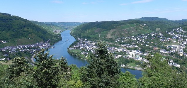 Blick vom Prinzenkopf auf die Mosel und die Ferienorte Alf (links) und Bullay (rechts)